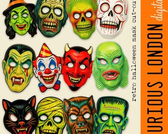Retro Halloween Mask Cutouts: Vintage Plastic Style Printable