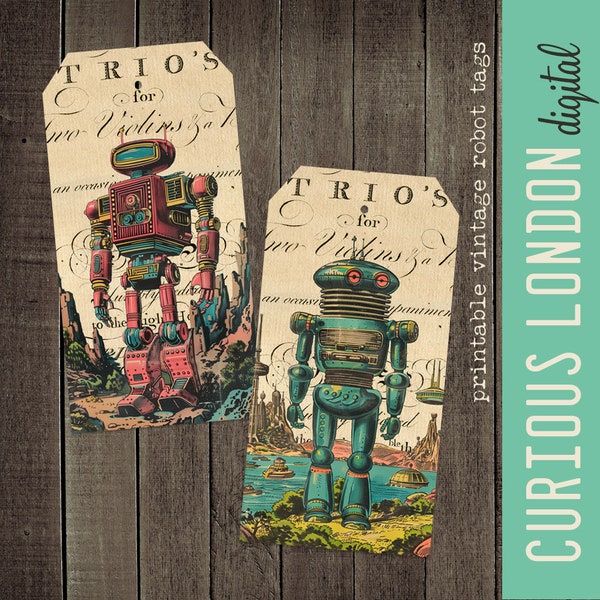 unique printable gift tags l retro robots l vintage sci-fi themed party l digital download l journal tags l science fiction l curiouslondon