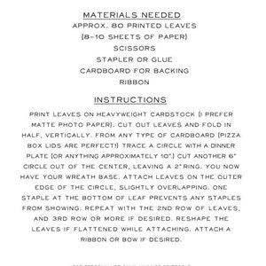 May include: Instructions for a Victorian Christmas paper wreath kit from Curious London. The kit includes 80 printed leaves, scissors, a stapler or glue, cardboard for backing, and ribbon. The instructions include how to cut out the leaves, fold them in half, and attach them to a cardboard base.