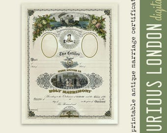 Certificado de matrimonio antiguo: Recuerdo de boda vintage imprimible, descarga digital