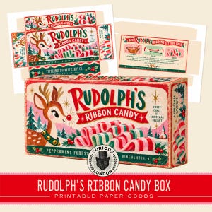 May include: A rectangular paper box for Rudolph's Ribbon Candy featuring a vintage-style illustration of a reindeer, red and green striped candy ribbons, and text including Peppermint Forest Candy Co. and Binghamton, NY on a cream background.