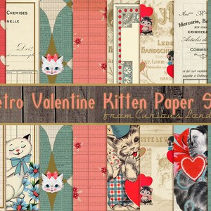 valentine kitten printable paper | kitschy kittens | digital valentine papers |  printable junk journal | vintage valentines | curiouslondon