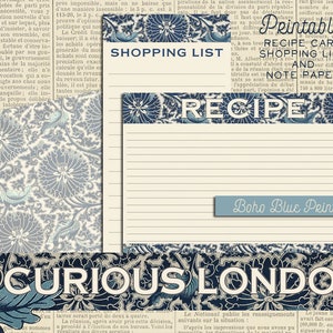 cartes de recettes bleues et blanches | cartes de recettes à imprimer | esthétique florale bleue | téléchargement immédiat | curieuxLondres