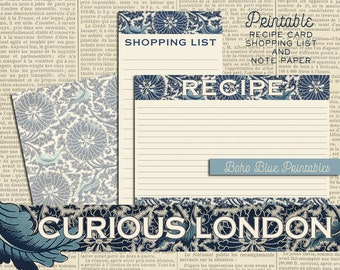 Printable Vintage Style Boho Blue Digital Recipe Card and Shopping List Instant Download from Curious London