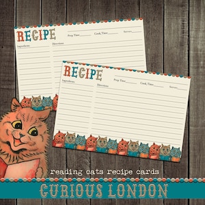 louis wain I cartes de recettes de chats I chats de lecture I adorables chats colorés I cartes de recettes personnalisées I des cuisines de I curieuse londres