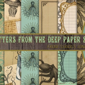 Puede incluir: Un paquete de papel digital con temática náutica que presenta ilustraciones de pulpos, una tortuga y una carta vintage. El paquete de papel se titula "Letters from the Deep Paper Set" e incluye el texto "From Curious London".