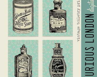 toiletry bottle bathroom art I printable bathroom decor I apothecary art prints I vintage advertising art I french ephemera I curiouslondon