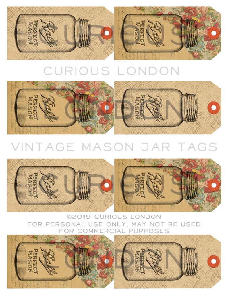 Printable Vintage Style Old Fashioned Mason Jar Instant Download Gift Tag Crafting Sheet from Curious London