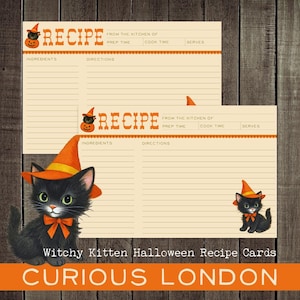cartes de recettes d'halloween I sorcière chaton I cartes de recettes rétro I halloween vintage I chatons kitsch I jolies cartes d'halloween I Londres curieuse