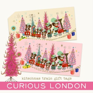 etiquetas de regalo de Navidad retro I lindas etiquetas de tierra de juguetes para niños I kitschmas hacia y desde I Navidad rosa kitsch I vacaciones vintage I curiosalondres
