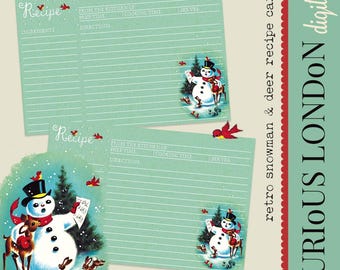 Vintage Christmas Snowman Printable Recipe Cards from Curious London in 3x5 and 4x6