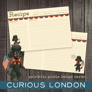patriottische poedelreceptkaarten I schattige receptkaarten I receptenkaarten van 4 juli I onafhankelijkheidsdag I kitscherige vintage notitiekaarten I Curiouslondon