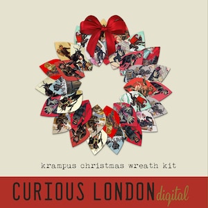 May include: A red and green Christmas wreath kit featuring a red bow and images of Krampus, a traditional Christmas figure from Alpine folklore. The kit includes the text "Krampus Christmas Wreath Kit" and "Curious London digital".