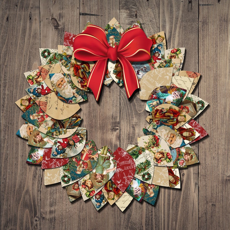 May include: A Christmas wreath made of paper with vintage images of Santa Claus, children, and holiday scenes. The wreath is decorated with a red bow.