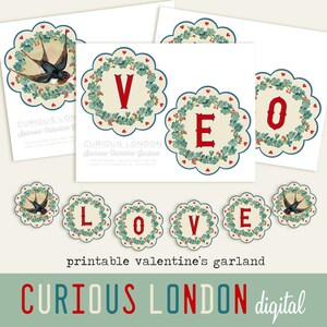 guirnalda del día de San Valentín I decoración imprimible de San Valentín I love banner I manualidades del día de San Valentín I descargar San Valentín I curiosalondres