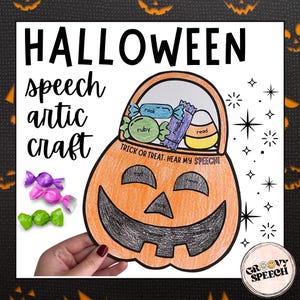May include: A Halloween-themed speech articulation craft featuring a pumpkin-shaped basket with candy illustrations and the text "TRICK OR TREAT. HEAR MY SPEECH!". The image includes the words "HALLOWEEN", "speech", "artic", and "craft".