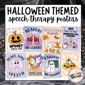 May include: A set of Halloween-themed speech therapy posters. The posters feature illustrations of pumpkins, ghosts, and other spooky elements. The posters are designed for educational purposes and feature various phrases.