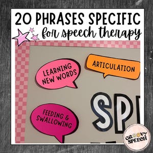 May include: A poster with the text "20 Phrases Specific for Speech Therapy." It features speech bubbles with phrases like "Learning New Words" and "Articulation." The design includes pink stars and a "Groovy Speech" logo.