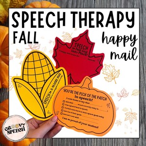 Può includere: Note di logopedia a tema autunnale a forma di pannocchia, foglia d'acero e zucca. Il mais è giallo, la foglia è rossa e la zucca è arancione. Il testo include "Speech Therapy Fall" e "You're the Pick of the Patch in Speech!"