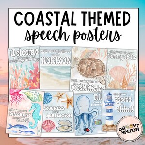 Op de afbeelding: Een verzameling posters met een kustthema voor spraak. De posters bevatten aquarel illustraties van zeeleven, waaronder een zeeschildpad, octopus, zeepaardje en schelpen. De tekst bevat zinnen als "Welkom bij spraak- en taaltherapie".