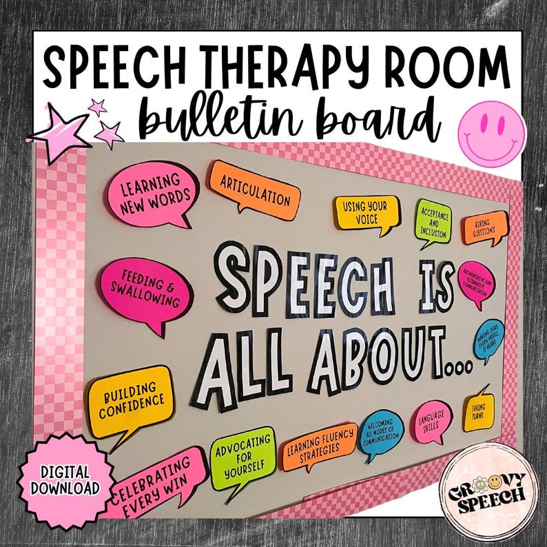May include: A bulletin board for a speech therapy room, featuring the text "SPEECH IS ALL ABOUT..." in large black letters. Colorful speech bubbles highlight topics like "Learning New Words" and "Building Confidence."