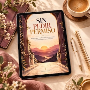 Könnte beinhalten: Ein Tablet mit einem Buchcover namens SIN PEDIR PERMISO, das eine offene Bogentür mit Blick auf einen Sonnenuntergang über Bergen zeigt, inklusive des Untertitels Recupera tu voz, fortalece tu autoestima y toma decisiones con confianza.