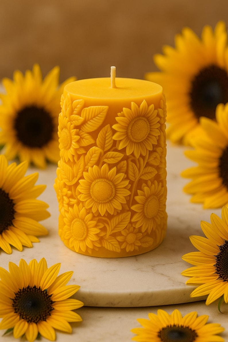 Peut inclure: Une bougie pilier jaune avec un motif de tournesol. La bougie est finement sculpt&eacute;e avec des tournesols et des feuilles. La bougie est entour&eacute;e de tournesols aux p&eacute;tales jaunes et aux centres brun fonc&eacute;. La bougie est sur une surface en marbre blanc.