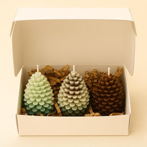Op de afbeelding: Drie dennenappelvormige kaarsen in een witte doos. De kaarsen zijn groen, bruin en een mix van groen en bruin. De doos is open en onthult de kaarsen genesteld in bruin papier. De kaarsen hebben een textuuroppervlak.