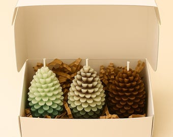 Ensemble de bougies de sapin de Noël faites main en cire de soja et pomme de pin - Coffret cadeau déco des Fêtes