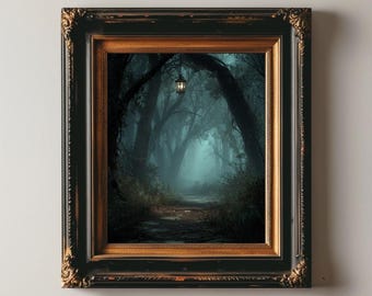 Gothic Graveyard Art Print Dark Cemetery Wall Art with Church at Dusk Haunted Autumn Landscape Spooky Halloween Home Decor Poster
