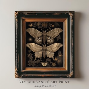 Rustic Botanical Moths | Dark Academia, Moody Floral Print, Dark Cottagecore, Gothic Flower Wall Art, Digital Download, Printable
