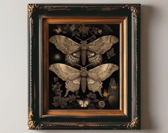 Rustic Botanical Moths | Dark Academia, Moody Floral Print, Dark Cottagecore, Gothic Flower Wall Art, Digital Download, Printable