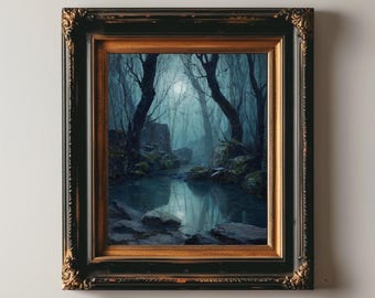 Impresión artística de bosque brumoso a la luz de la luna, pintura de río encantado, naturaleza oscura, decoración de pared, póster de paisaje de fantasía gótica, árboles melancólicos
