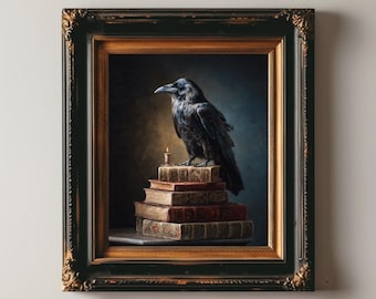 Gothic Raven With Candle Dark Academia Art Print Vintage Crow On Books Painting Mysterious Bird Wall Decor Edgar Allan Poe Style Poster