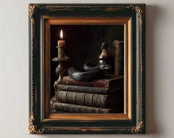 Dark Academia Snake Art Print Gothic Serpent on Antique Books Witchy Library Wall Decor Occult Snake Candlelight Artwork