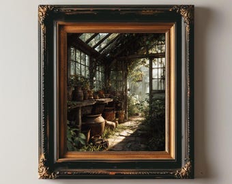 Rustic Greenhouse Wall Art - Vintage Garden Potting Shed Poster, Overgrown Botanical Print, Cottagecore Plant Lover Home Decor