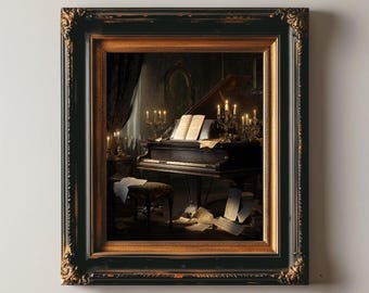 May include: A framed vintage art print depicting a grand piano in a dimly lit room. The piano is surrounded by lit candles and sheet music. The frame is black with gold accents. Text on the print reads "VINTAGE VANITÉ ART PRINT" and "Vintage Printable Art."
