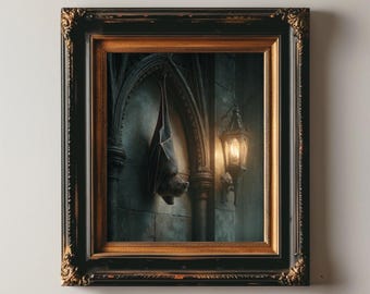 Gotische vleermuis lantaarn muur kunst print donkere Academia hangende vleermuis kunstwerk spookkasteel esthetische vintage nachtdieren decor