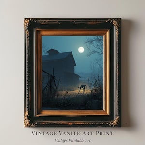 May include: Framed vintage art print featuring a nighttime rural scene. A full moon illuminates a barn and a silhouetted figure in a field. The frame is black with gold accents. Text at the bottom reads "VINTAGE VANITÉ ART PRINT" and "Vintage Printable Art."