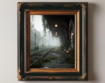 Abandoned Train Station Wall Art Gothic Railway Print Dark Academia Decor Overgrown Tracks Poster Haunted Transit Aesthetic