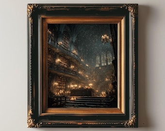 Haunted Gothic Library at Night - Dark Academia Candlelit Book Hall Fantasy Art Print, Magical Literary Wall Decor