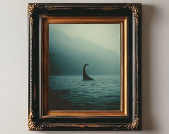 Pode incluir: Impressão de arte emoldurada com um estilo vintage, retratando uma criatura em um lago. A obra de arte está emoldurada em uma moldura escura. A imagem tem uma atmosfera sombria, com uma paleta de cores escuras. O texto na parte inferior diz "VINTAGE VANITÉ ART PRINT" e "Vintage Printable Art."