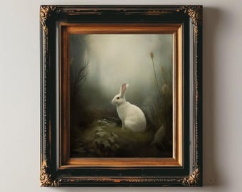 White Bunny Woods | Dark Academia, Dark Cottagecore Decor, Wild Hare Rabbit Painting, Farmhouse Room Decor, Animal Print, Digital Download