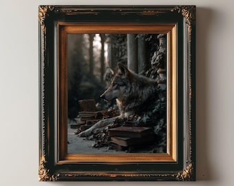 Grafika z wilkiem Dark Academia, Biblioteka gotycka, Ilustracja wilka, Dekoracja z motywem zwierząt leśnych w stylu Moody, Książki w stylu vintage i bluszcz, Sztuka ścienna