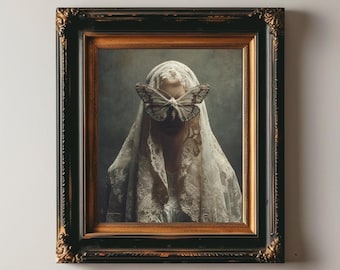 Veiled Woman Moth Art, Gothic Art Witchy Aesthetic, Dark Academia, Occult Poster Gothic Decor, Moody Wall Art, Halloween Art, Dark Romance