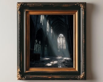 Abandoned Gothic Cathedral Interior with Broken Glass and Light Rays - Dark Academia Architecture Wall Art Print