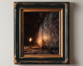 May include: A framed art print featuring a cave interior illuminated by a single candle. The cave wall displays ancient carvings. The frame is black with gold accents. Text at the bottom reads "VINTAGE VANITÉ ART PRINT" and "Vintage Printable Art."