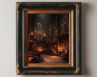 Dark Academia gotische bibliotheek muur kunst bij kaarslicht boeken kamer poster antieke boekenplank decor gezellige fantasie studie print humeurig leeshoekje