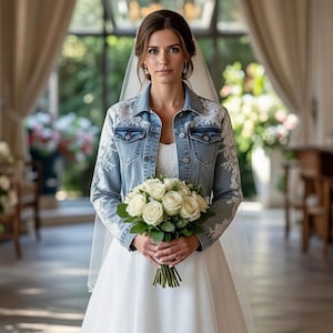 ハンドメイド クロップド丈 レース デニム ジャケット - レディース Lサイズ