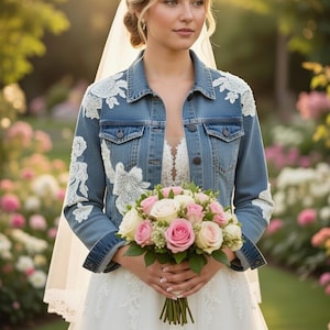 Lハンドメイド クロップド レース デニム ジャケット - レディース サイズ L